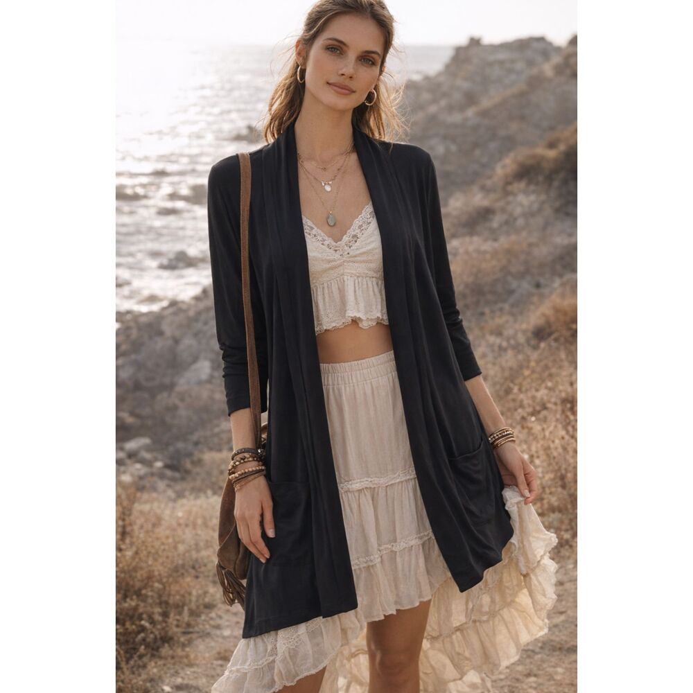 J.Jill Black Open Front Long Drape Cardigan Stretch Boho Layering Cozy Soft Sz M